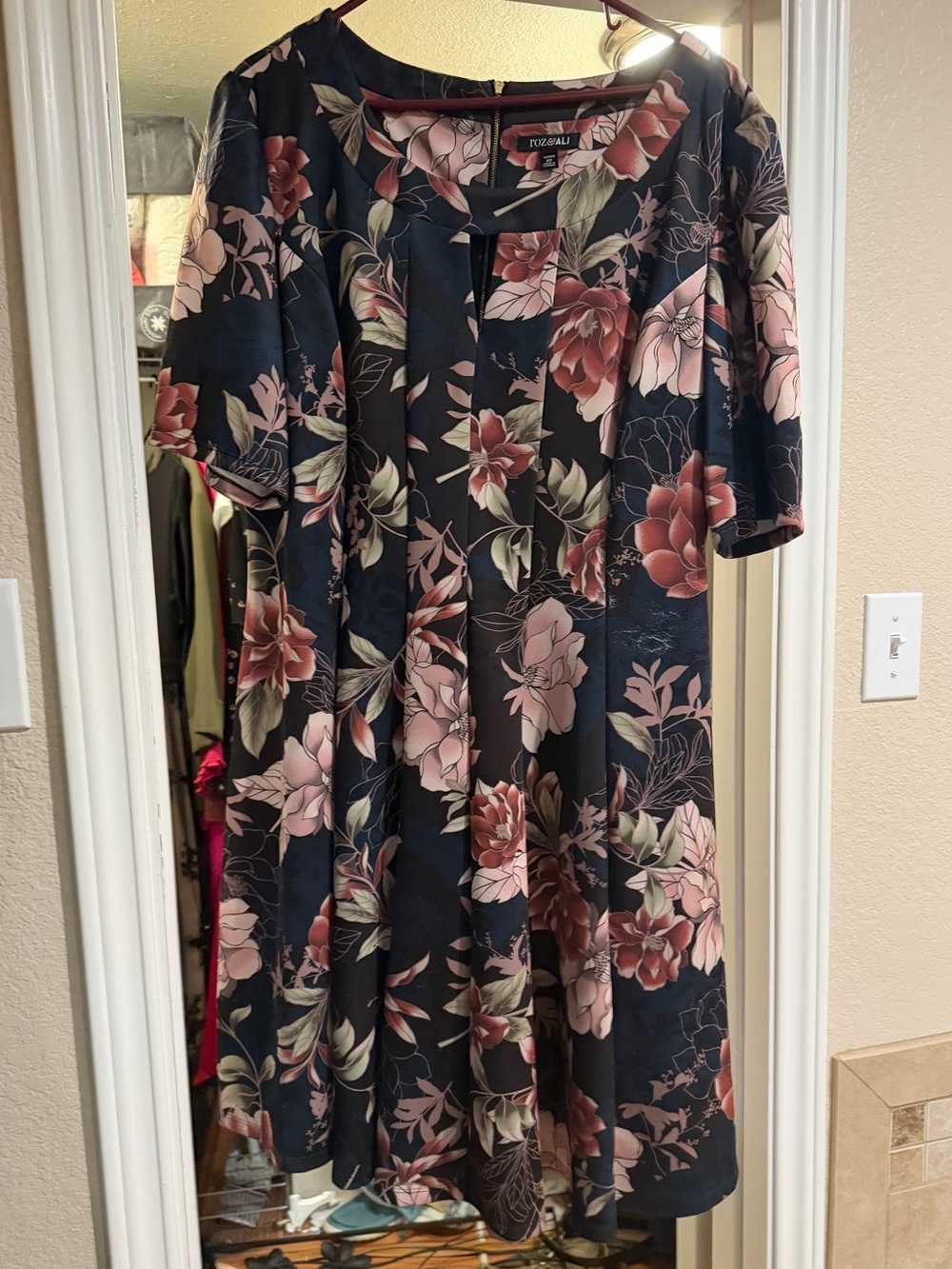 Roz & Ali Navy Floral Midi Dress with Pink Blooms